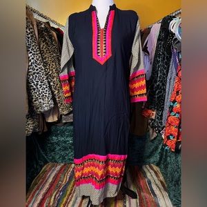 Navy blue shirt dress from India with bright pink and orange accents